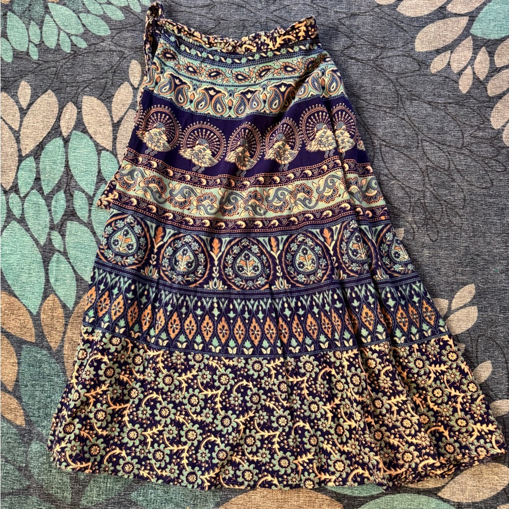 Farm Rio Anthropologie Tribal Geometric Cotton Midi Boho Festival Wrap Skirt M/L